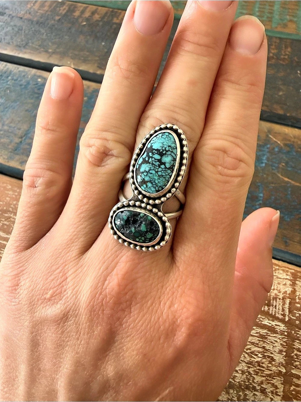 Handmade Sterling Silver Turquoise Double Stone Ring US 8